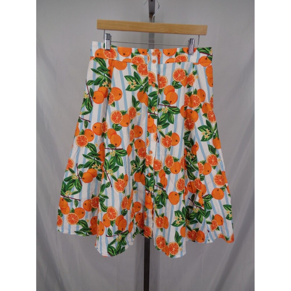 ModCloth Collectif Orange Print Stripe Midi Skirt Sz Large (10) Rockabilly Retro